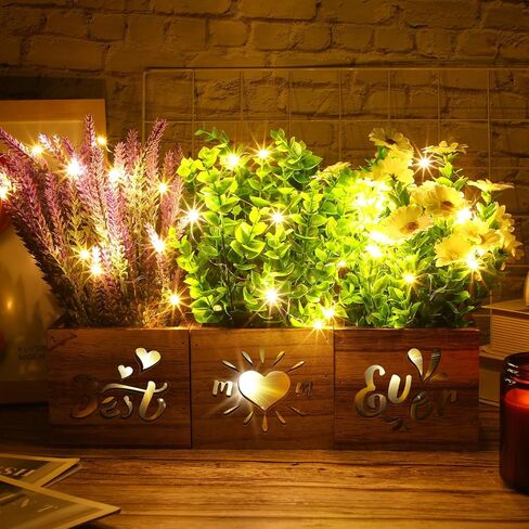 XunYee 3 Packs Artificial Eucalyptus Potted Plant with LED Lights Fake Eucalyptus Lavender Rosemary Plants Indoor Decorations with Wooden Pots Best Mom Ever Gifts for Mom Home Office Farmhouse Decor in Saudi Arabia