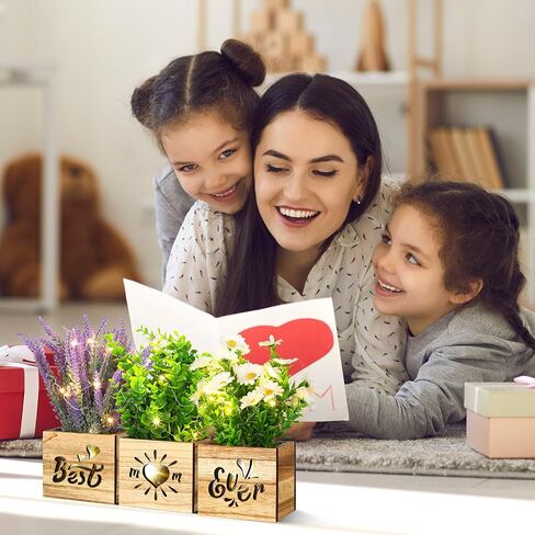 XunYee 3 Packs Artificial Eucalyptus Potted Plant with LED Lights Fake Eucalyptus Lavender Rosemary Plants Indoor Decorations with Wooden Pots Best Mom Ever Gifts for Mom Home Office Farmhouse Decor in Saudi Arabia