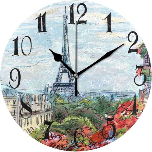 ALAZA Paris Eiffel Tower Round Wall Clock Non-Ticking Silent Battery Operated Decorative Clock for Living Room Home Office Decor in Saudi Arabia