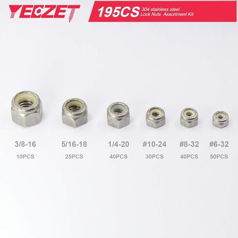 YEEZET 195 قطعة 304 صواميل قفل من الفولاذ المقاوم للصدأ مجموعة متنوعة من النايلون - 1/4-20 5/16-18 3/8-16 8-32 10-24 6-32 in Kuwait