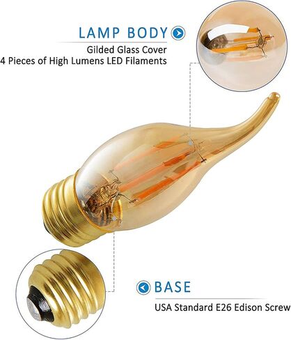 لمبة ثريا خيوط LED بقدرة 4 وات، طراز إديسون الكلاسيكي العتيق، مصابيح إضاءة زجاجية كهرمانية بقاعدة قياسية E26، طرف لهب ذهبي اللون، ما يعادل 40 وات، أبيض دافئ للغاية 2200 ك، حزمة من 6 قطع in Saudi Arabia