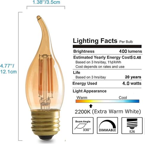 لمبة ثريا خيوط LED بقدرة 4 وات، طراز إديسون الكلاسيكي العتيق، مصابيح إضاءة زجاجية كهرمانية بقاعدة قياسية E26، طرف لهب ذهبي اللون، ما يعادل 40 وات، أبيض دافئ للغاية 2200 ك، حزمة من 6 قطع in Saudi Arabia