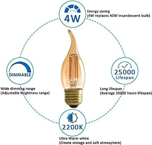 لمبة ثريا خيوط LED بقدرة 4 وات، طراز إديسون الكلاسيكي العتيق، مصابيح إضاءة زجاجية كهرمانية بقاعدة قياسية E26، طرف لهب ذهبي اللون، ما يعادل 40 وات، أبيض دافئ للغاية 2200 ك، حزمة من 6 قطع in Saudi Arabia