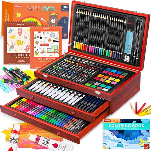 iBayam Art Supplies، مجموعة فنية فاخرة مع 2 لوحة رسم A4، 1 كتاب تلوين، 24 طلاء أكريليك، قماش، أقلام تلوين، أقلام ملونة، صندوق هدايا إبداعي للمبتدئين الفنانين البالغين (أزرق معكرون) in Kuwait