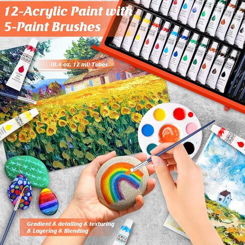 iBayam Art Supplies، مجموعة فنية فاخرة مع 2 لوحة رسم A4، 1 كتاب تلوين، 24 طلاء أكريليك، قماش، أقلام تلوين، أقلام ملونة، صندوق هدايا إبداعي للمبتدئين الفنانين البالغين (أزرق معكرون) in Kuwait