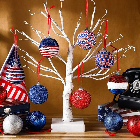 Leitee 12 Pcs Patriotic Ornaments for Tree Happy Labor Day Ball Decoration 4th of July Veteran Day Hanging Ornament 2.4 Inch Red Blue White Ornament Independence Day Decor for Christmas Home Party in Saudi Arabia