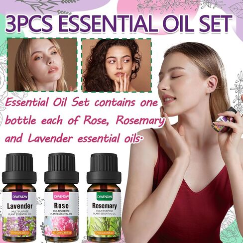 Rose Essential Oil Organic,Moisturizing Long Lasting Quickly Absorbed Lavender Rose Oil Rosemary Essential Oil Set for Face,Hair Care,Skin,Aromatherapy,Massage & Diffuser（3PCS） in Saudi Arabia
