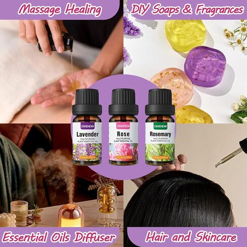 Rose Essential Oil Organic,Moisturizing Long Lasting Quickly Absorbed Lavender Rose Oil Rosemary Essential Oil Set for Face,Hair Care,Skin,Aromatherapy,Massage & Diffuser（3PCS） in Saudi Arabia