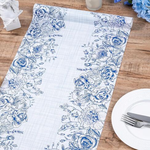 RUSPEPA Paper Table Runner with Fragrance Blue Flowers Table Runner for Dining, Party Decorations - 14 inches x 16.4 feet - Blue Flower in Saudi Arabia
