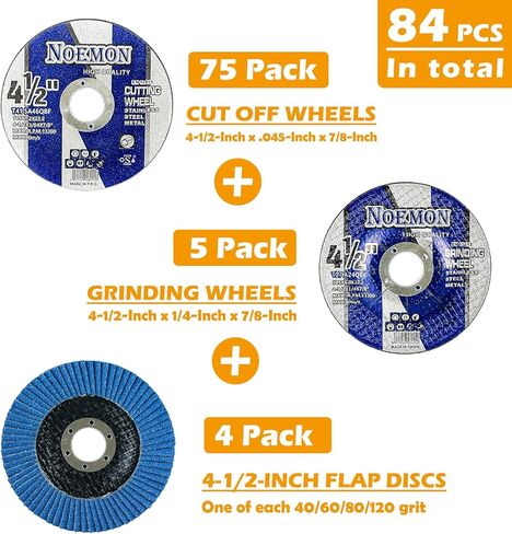 قطع العجلات 4 1/2 بوصة زاوية طاحونة قطع القرص ملحقات طاحونة زاوية للمعادن والفولاذ المقاوم للصدأ عجلة طاحونة (75 حزمة قطع العجلات + 5 عجلات طاحونة + 4 أقراص رفرف ، 84 حزمة) in Kuwait