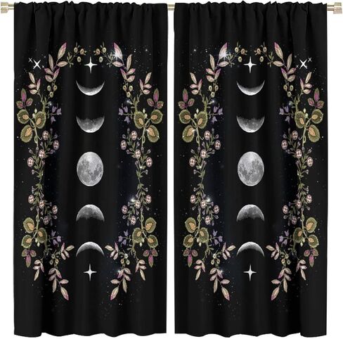 Boho Floral Moon Blackout Curtains Black Flower Wildflower Moon Phase Moonlit Garden Witchy Gothic，Thermal Insulated Curtains for Cafe Room Chidren Curtains Window Drapes 2 Panels 42x45 Inch in Kuwait