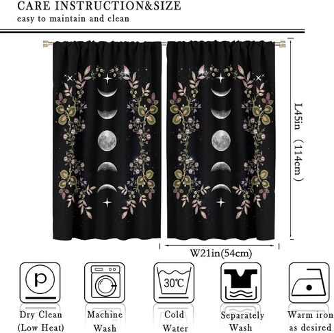 Boho Floral Moon Blackout Curtains Black Flower Wildflower Moon Phase Moonlit Garden Witchy Gothic，Thermal Insulated Curtains for Cafe Room Chidren Curtains Window Drapes 2 Panels 42x45 Inch in Kuwait