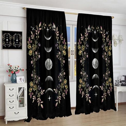 Boho Floral Moon Blackout Curtains Black Flower Wildflower Moon Phase Moonlit Garden Witchy Gothic，Thermal Insulated Curtains for Cafe Room Chidren Curtains Window Drapes 2 Panels 42x45 Inch in Kuwait