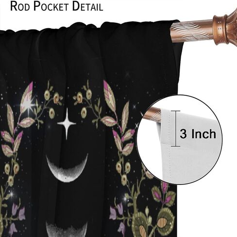 Boho Floral Moon Blackout Curtains Black Flower Wildflower Moon Phase Moonlit Garden Witchy Gothic，Thermal Insulated Curtains for Cafe Room Chidren Curtains Window Drapes 2 Panels 42x45 Inch in Kuwait