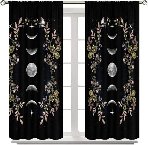 Boho Floral Moon Blackout Curtains Black Flower Wildflower Moon Phase Moonlit Garden Witchy Gothic，Thermal Insulated Curtains for Cafe Room Chidren Curtains Window Drapes 2 Panels 42x45 Inch in Kuwait