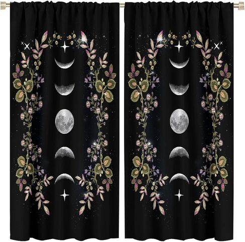 Boho Floral Moon Blackout Curtains Black Flower Wildflower Moon Phase Moonlit Garden Witchy Gothic，Thermal Insulated Curtains for Cafe Room Chidren Curtains Window Drapes 2 Panels 42x45 Inch in Kuwait