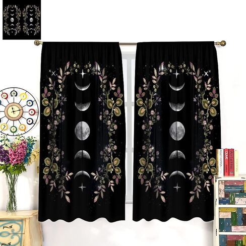 Boho Floral Moon Blackout Curtains Black Flower Wildflower Moon Phase Moonlit Garden Witchy Gothic，Thermal Insulated Curtains for Cafe Room Chidren Curtains Window Drapes 2 Panels 42x45 Inch in Kuwait