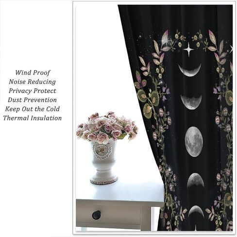 Boho Floral Moon Blackout Curtains Black Flower Wildflower Moon Phase Moonlit Garden Witchy Gothic，Thermal Insulated Curtains for Cafe Room Chidren Curtains Window Drapes 2 Panels 42x45 Inch in Kuwait