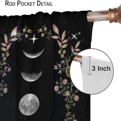 Boho Floral Moon Blackout Curtains Black Flower Wildflower Moon Phase Moonlit Garden Witchy Gothic，Thermal Insulated Curtains for Cafe Room Chidren Curtains Window Drapes 2 Panels 42x45 Inch in Kuwait