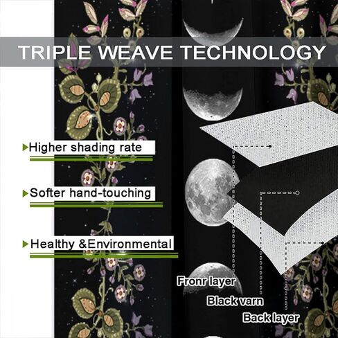Boho Floral Moon Blackout Curtains Black Flower Wildflower Moon Phase Moonlit Garden Witchy Gothic，Thermal Insulated Curtains for Cafe Room Chidren Curtains Window Drapes 2 Panels 42x45 Inch in Kuwait