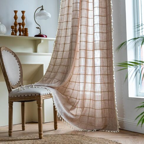 2 لوحة قطن كتان بوهو ستائر بطول 84 بوصة لغرفة المعيشة وغرفة النوم والمطبخ وشبكة منقوشة شبه معتمة على شكل نافذة مزرعة بوهيمية معالجة لنوافذ المزرعة، شرابات، أوريجان in Kuwait