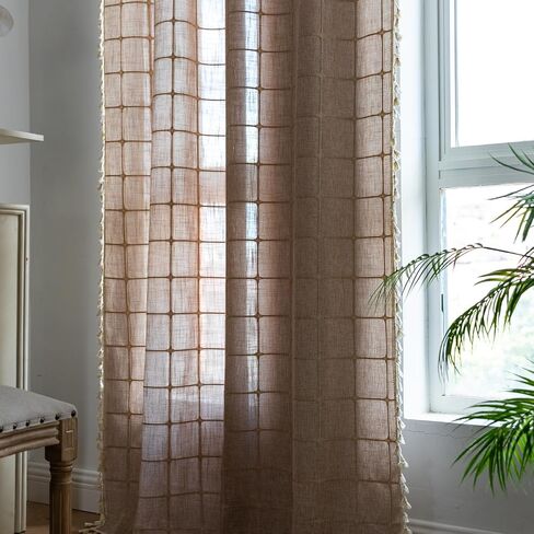 2 لوحة قطن كتان بوهو ستائر بطول 84 بوصة لغرفة المعيشة وغرفة النوم والمطبخ وشبكة منقوشة شبه معتمة على شكل نافذة مزرعة بوهيمية معالجة لنوافذ المزرعة، شرابات، أوريجان in Kuwait