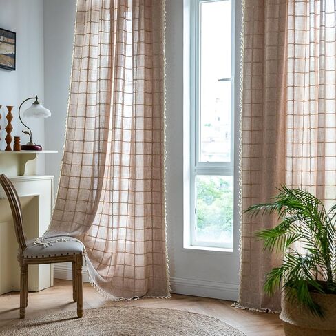 2 لوحة قطن كتان بوهو ستائر بطول 84 بوصة لغرفة المعيشة وغرفة النوم والمطبخ وشبكة منقوشة شبه معتمة على شكل نافذة مزرعة بوهيمية معالجة لنوافذ المزرعة، شرابات، أوريجان in Kuwait