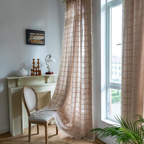 2 لوحة قطن كتان بوهو ستائر بطول 84 بوصة لغرفة المعيشة وغرفة النوم والمطبخ وشبكة منقوشة شبه معتمة على شكل نافذة مزرعة بوهيمية معالجة لنوافذ المزرعة، شرابات، أوريجان in Kuwait