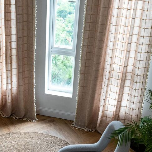 2 لوحة قطن كتان بوهو ستائر بطول 84 بوصة لغرفة المعيشة وغرفة النوم والمطبخ وشبكة منقوشة شبه معتمة على شكل نافذة مزرعة بوهيمية معالجة لنوافذ المزرعة، شرابات، أوريجان in Kuwait