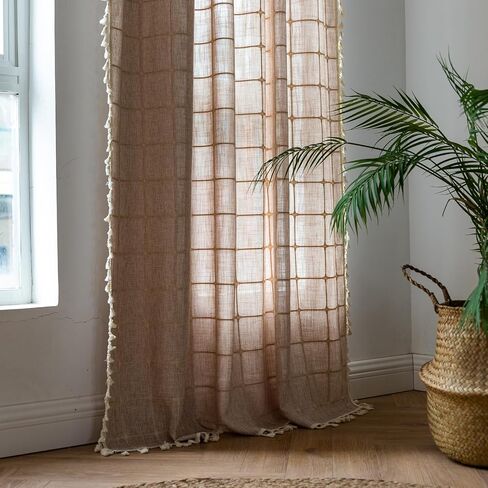 2 لوحة قطن كتان بوهو ستائر بطول 84 بوصة لغرفة المعيشة وغرفة النوم والمطبخ وشبكة منقوشة شبه معتمة على شكل نافذة مزرعة بوهيمية معالجة لنوافذ المزرعة، شرابات، أوريجان in Kuwait