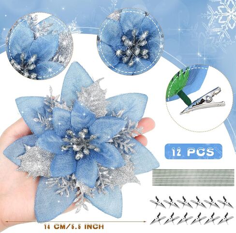 Glitter Christmas Poinsettia Artificial Xmas Flower Ornaments Flowers Decorations with Clips and Stems Glitter Poinsettia Christmas Tree Ornaments for Christmas Wedding (Red, Green,36 Pieces) in Saudi Arabia