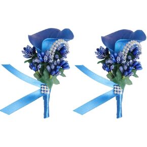 2Pcs Artificial Calla Lily Wrist Corsage Boutonniere Set, Groomsmen Bridesmaids Wedding Flowers Accessories Prom Party Decorations,Ivory White (White)