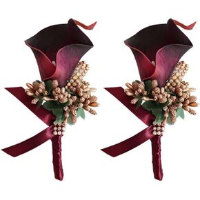 2Pcs Artificial Calla Lily Wrist Corsage Boutonniere Set, Groomsmen Bridesmaids Wedding Flowers Accessories Prom Party Decorations,Ivory White (White)
