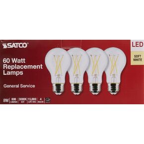 Satco S12463 8 Watt A19 LED Bulb, Clear, 3000K, Medium Base, 120 Volt, 4-Pack