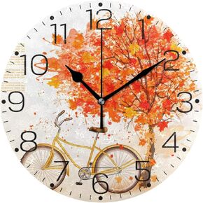 Autumn Fall Tree Falling Leaves with Yellow Bicycle Wall Clock Fashion Frameless Decorative Clock for Kitchen Bedroom Living Room Classroom Home Decor - Round Shape