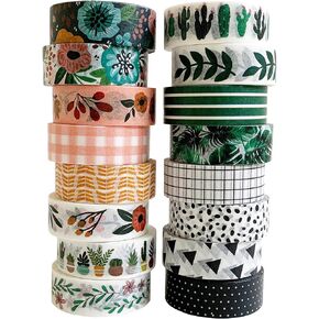 Carousel Greetings Washi Tape Set - 16 Rolls of 15 mm Wide Decorative Colored Tape for Scrapbooking, Bullet Journals, Planners, DIY Decor & Craft Supplies