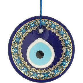 4.3" Glass Blue Evil Eye Wall Hanging Gold Patterned Ornament - Evil Eye Decor - Turkish Handmade Nazar Amulet - Home Protection Charm - Evil Eye Wall Decor