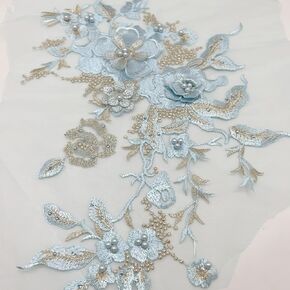 PEPPERLONELY 3D Beaded Flower Sew on Embroidered Lace Applique Wedding Dress Bride's Gown Headdress Adornment DIY Patch Clothing Accessories, 14 x 11 Inches, White/Gold