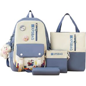 Kawaii 4PCS Backpack Set for Girls with Cute Bear Accessories - School Bookbag, Shoulder Bag, Handbag, Pen Pouch & More Student Back to School Supplies (24B05, Green)