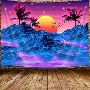 JAWO Retro Neon Trippy Small Tapestry for Men, Cool Mountain Sun 70s 80s Room Decor Aesthetic Art Tapestry Wall Hanging for Bedroom, Vaporwave Tapestries College Dorm Beach Blanket (60W X 40H)
