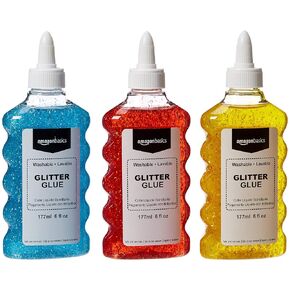 Amazon Basics Liquid Washable Glitter Glue, Assorted Colors (Purple Pink Red Blue), 177ml, 6 oz Each, 4-Count