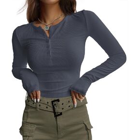Ekouaer Women's Long Sleeve Henley Shirts Button Ribbed Knit Tops Basic Layering Slim Fit Soft Thermal Underwear Tops