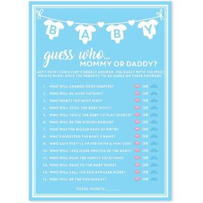 Party Hearty Baby Shower Games for Boy, 50 pcs Blue Mommy or Daddy Guess Who Game, Fun Activity Cards, Baby Shower Ideas