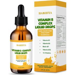 Vitamin B Complex Liquid Drops B Vitamins Complex Supplement for Women Men with B1, B2, B3, B6, B7, B12 Biotin Vitamin D3+K2 Supports Energy, Brain & Heart Vegan 2 fl. oz