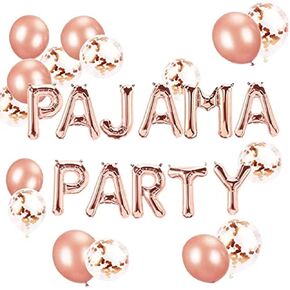 LaVenty Set of 11 Rose Gold PAJAMA PARTY Balloons PAJAMA PARTY Banner Pajama Party Decor Slumber Party Spa Party Balloons