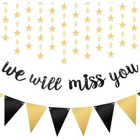 Gold Glitter Graduation Banner We Will Miss You and Triangle Flag Banner Star Swirl Banner for Farewell Party Decorations Supplies Retirement Going Away Office Work Job Change Party Decorations