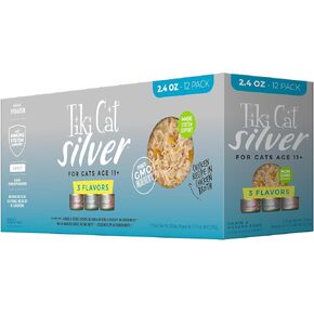 Tiki Cat Silver Comfort Mousse + Shreds, Chicken, Salmon & Chicken Liver Recipe, Immune System Support Formulated for Older Cats Aged 11+, Senior Wet Cat Food, 2.4 oz Cans (Pack of 12)