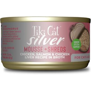 Tiki Cat Silver Comfort Mousse + Shreds, Chicken, Salmon & Chicken Liver Recipe, Immune System Support Formulated for Older Cats Aged 11+, Senior Wet Cat Food, 2.4 oz Cans (Pack of 12) in Kuwait