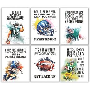 Football Sports Poster Wall Decor, Football Wall Art Print（Set Of 6 8x10 In）Motivational Posters Boys MenTeenage Room Bedroom Decor, Inspirational Positive Quotes Art Prints Football Player Gifts
