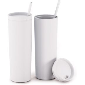 Maars Skinny Acrylic Tumbler with Lid and Straw | 18oz Premium Insulated Double Wall Plastic Reusable Cups - Clear, 2 Pack
